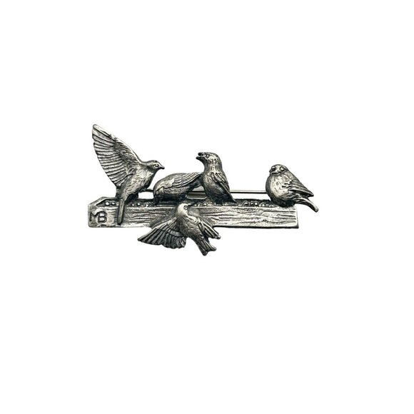 Vintage Birds on a Log Pin Brooch Signed 1999 M. Bastin Pewter Birds Animal Pin - Picture 1 of 6